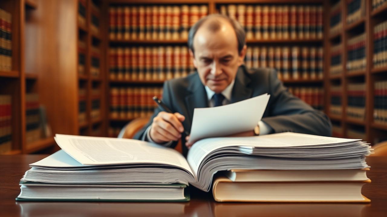 Attorney reviewing an appellate record and bound briefs with appendix volumes