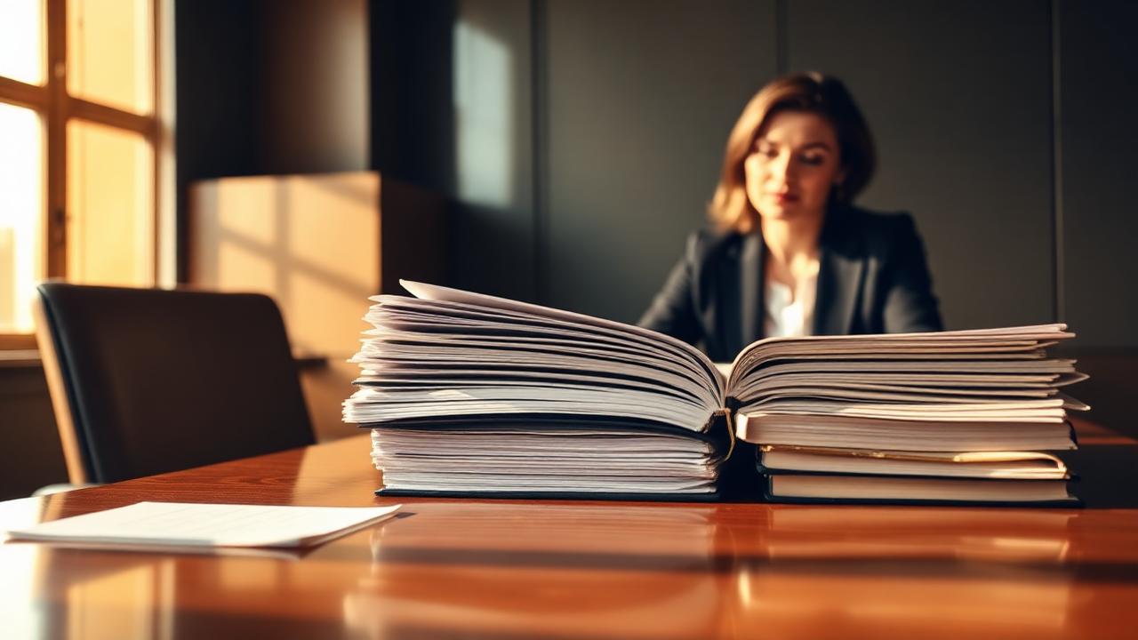 Attorney and paralegal reviewing a civil case file with pleadings and evidence at a conference table