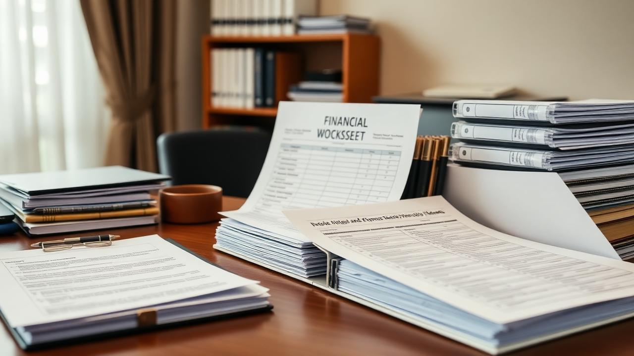 Family law financial disclosure documents and schedules organized on a desk