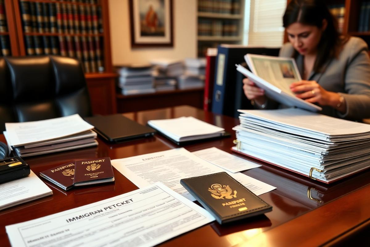 Immigration petition packet, passports and exhibit binders organized on an attorney's desk