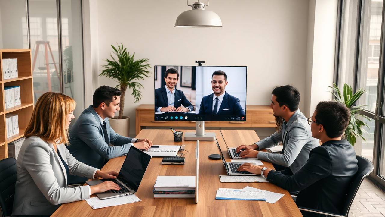 Law firm team collaborating with remote drafting support professionals on a video call