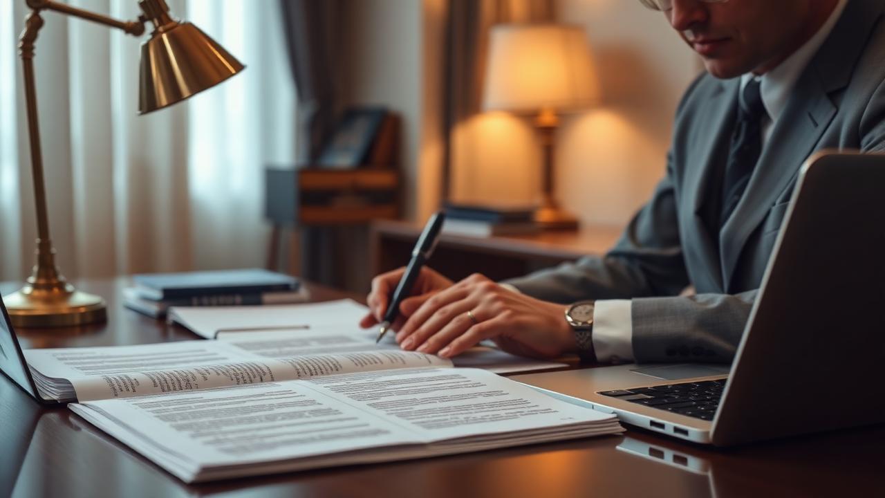 Legal professional reviewing a motion draft alongside case authorities at a desk