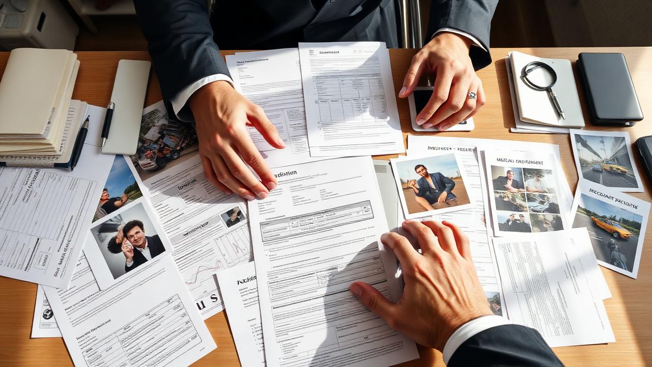 Personal injury file with medical records, bills, insurance correspondence and accident photographs