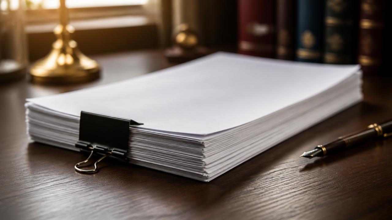 Stacked pleading sets and exhibits on an attorney's desk prepared for review