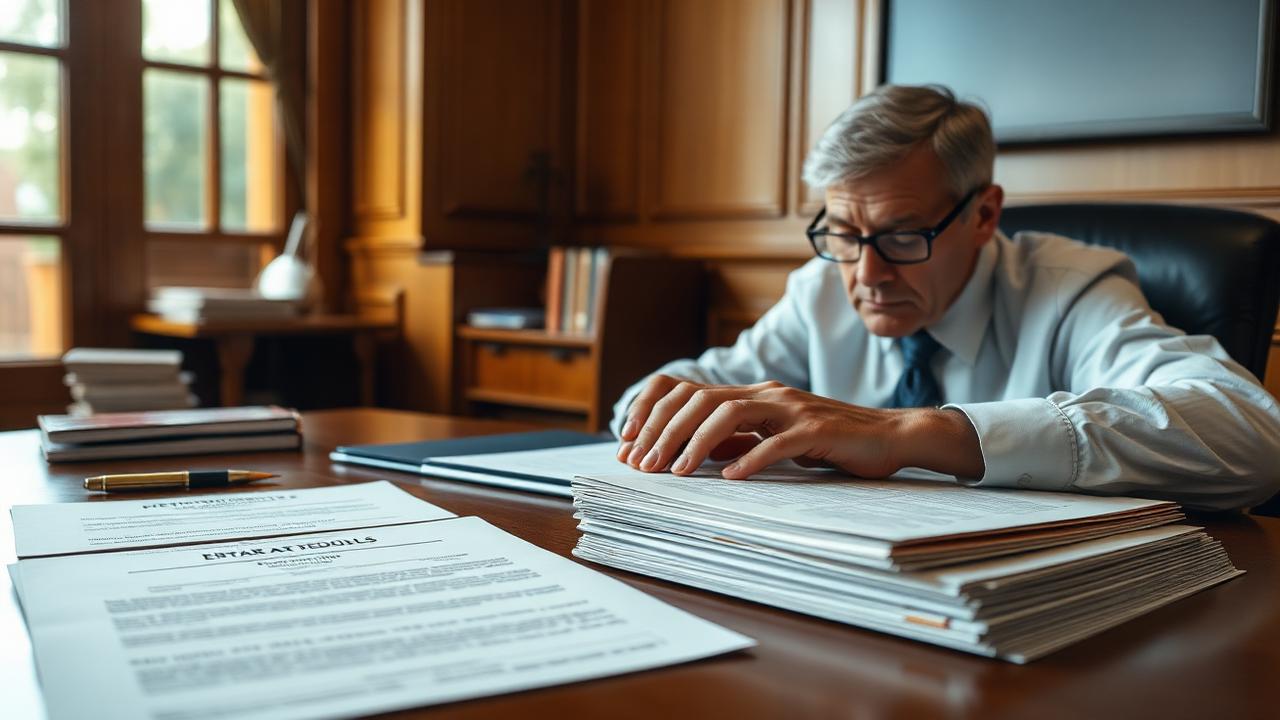 Estate documents and probate petition packets reviewed at a wood-paneled desk