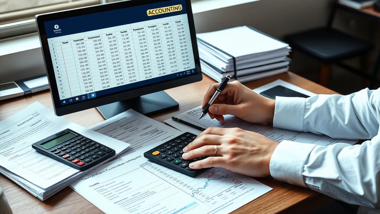 Estate accounting professional reviewing bank statements, ledgers, fiduciary schedules and probate records