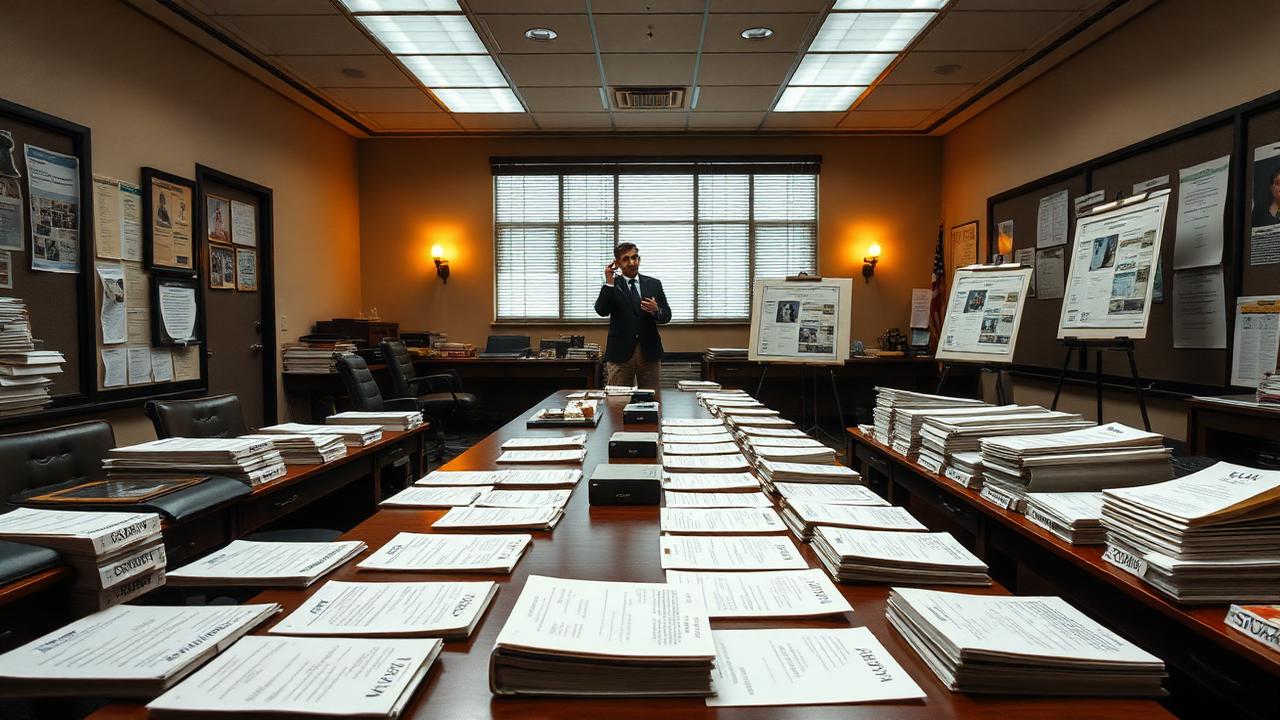 Trial preparation room with labeled exhibit binders and demonstratives on a long table