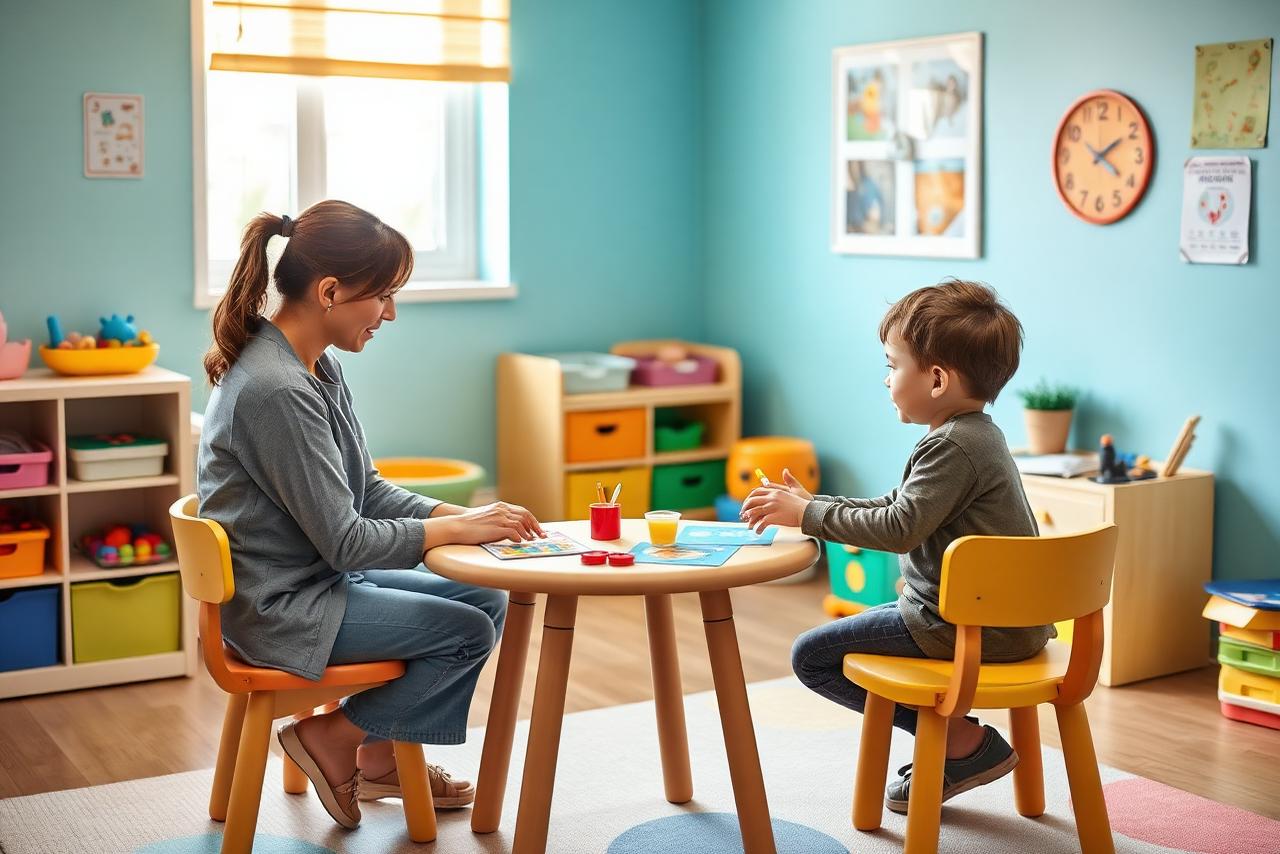 Behavior therapist working one-on-one with a young child in an ABA therapy room