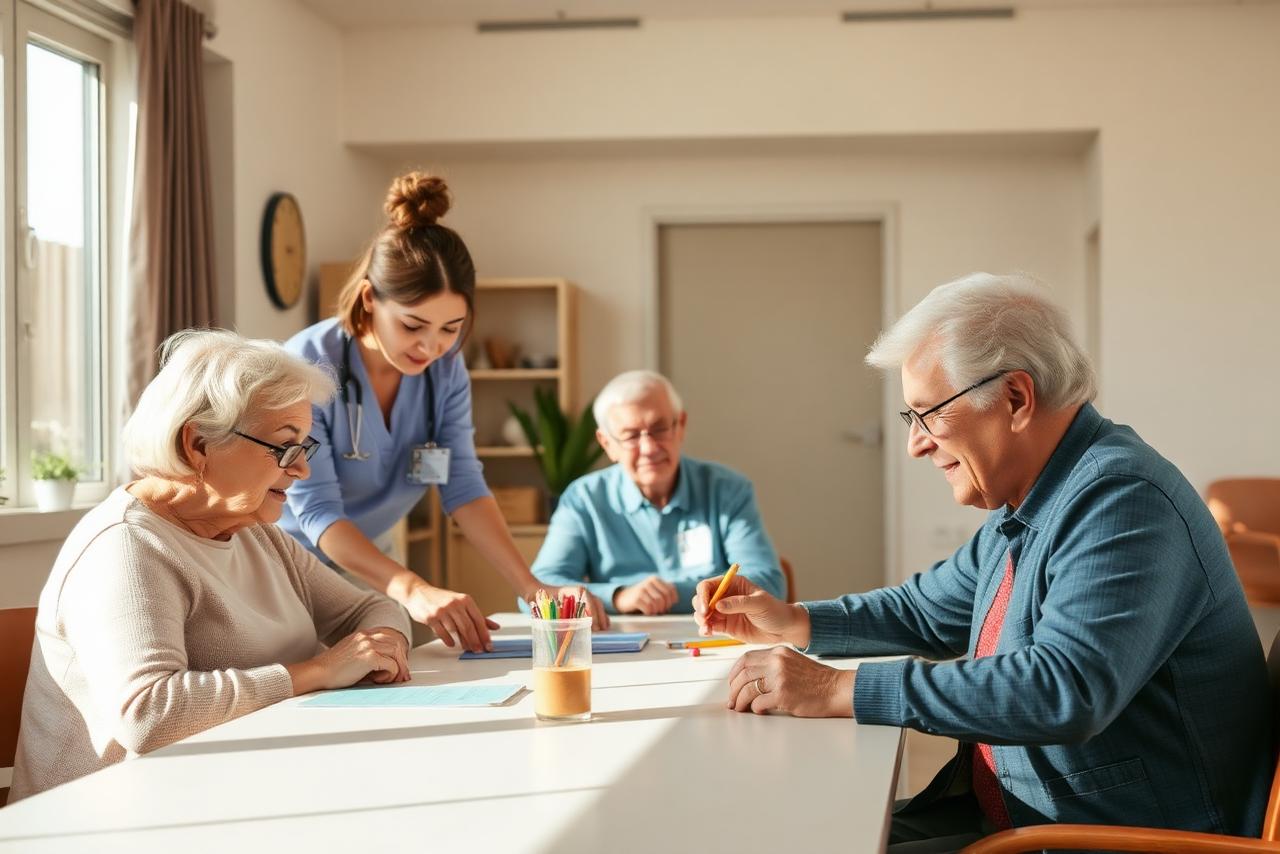 Staff member assisting older adults during a supervised activity in an adult day care center