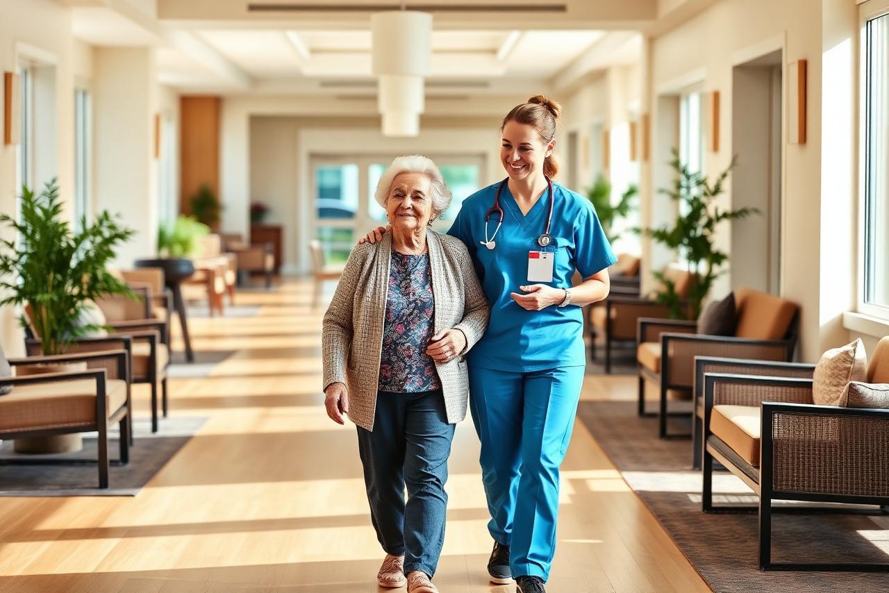 Caregiver walking with a resident through the bright common area of an assisted living community