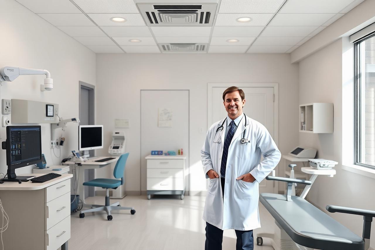 Physician standing in a modern primary care exam room with clinical equipment and a workstation