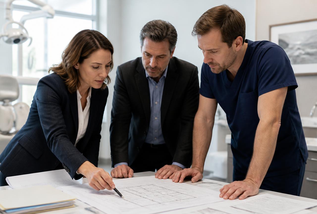 Healthcare consultants and a clinician owner reviewing licensing plans and facility blueprints in a medical office