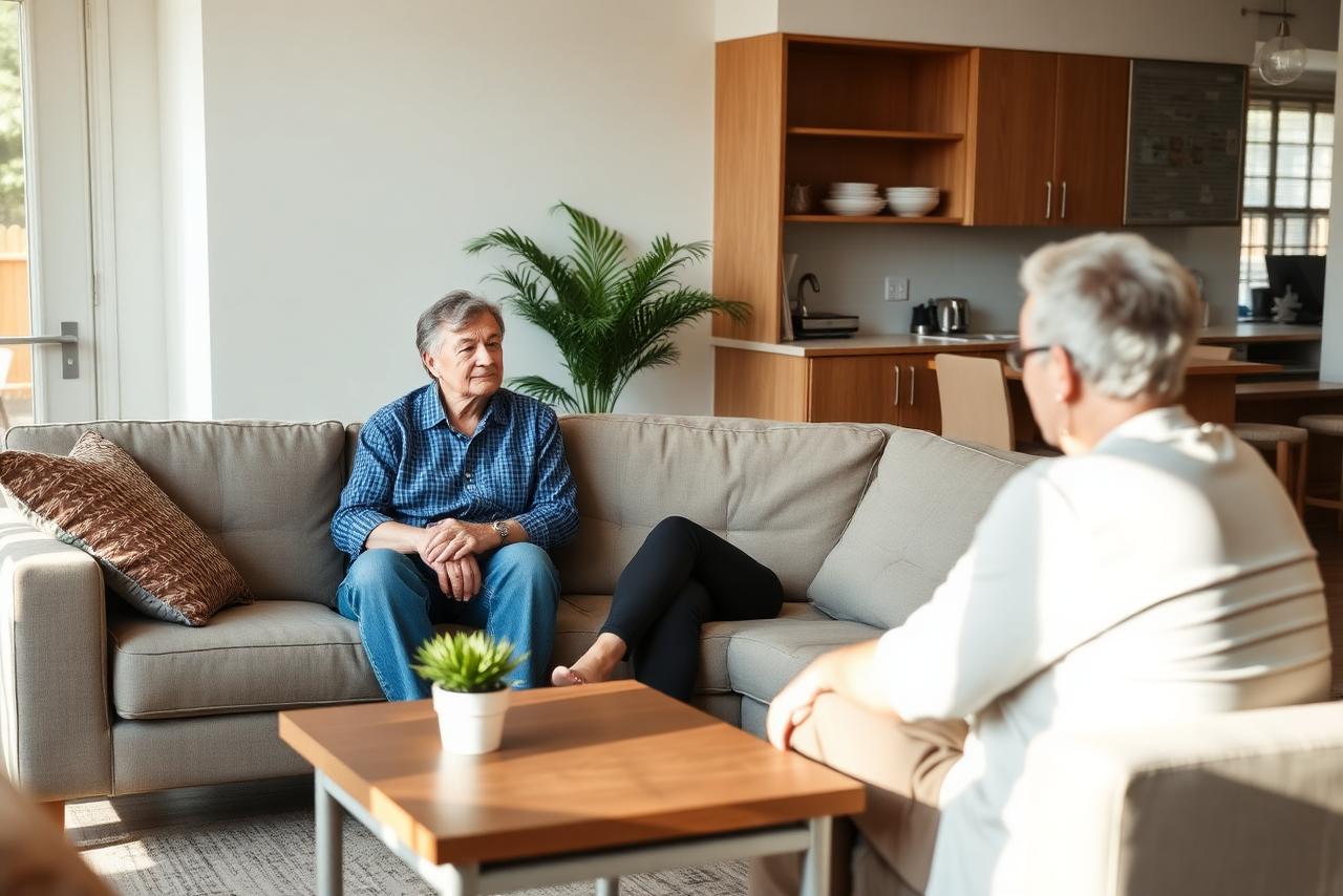 Counselor speaking with a resident in the common room of a residential behavioral health home