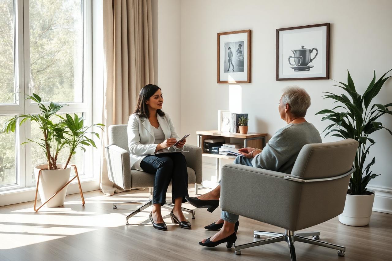 Licensed therapist meeting with an adult client in a calm outpatient mental health office