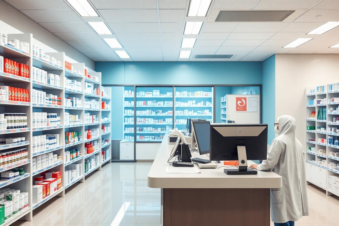 Pharmacist working at the dispensing counter of a modern pharmacy